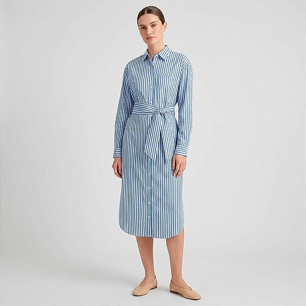 Vestido Dudalina Listrada com Faixa Pr27 Azul Feminino