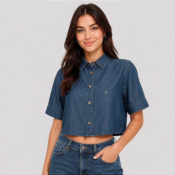 Camisa Jeans Dudalina Cropped Liocel Pr27 Azul Feminino