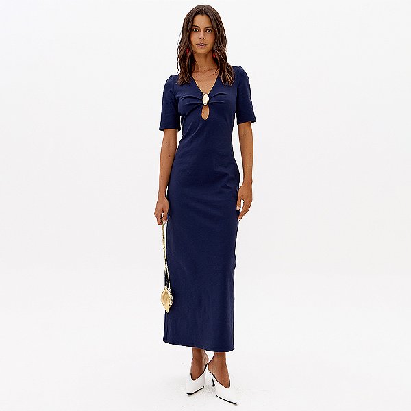 Vestido Super Midi Lança Perfume Metal Pr27 Marinho Feminino