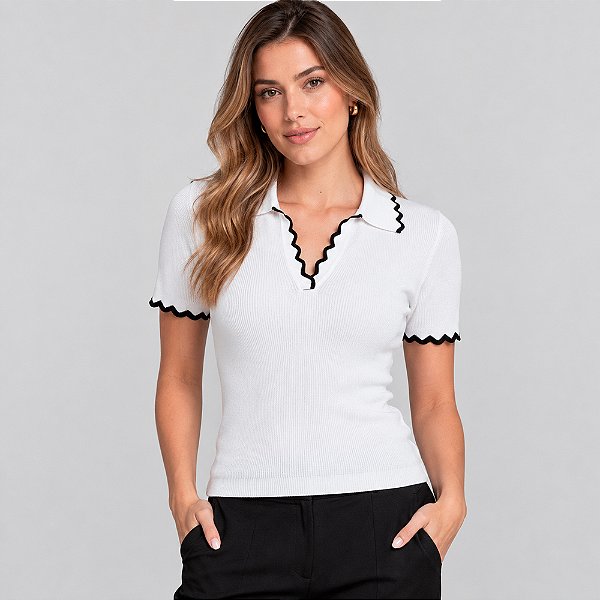 Camisa Polo Dudalina Tricot Flavia Ve27 Off White Feminino