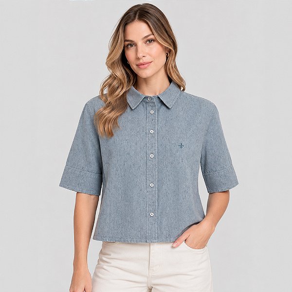 Camisa Jeans Dudalina Cropped Ve27 Azul Feminino