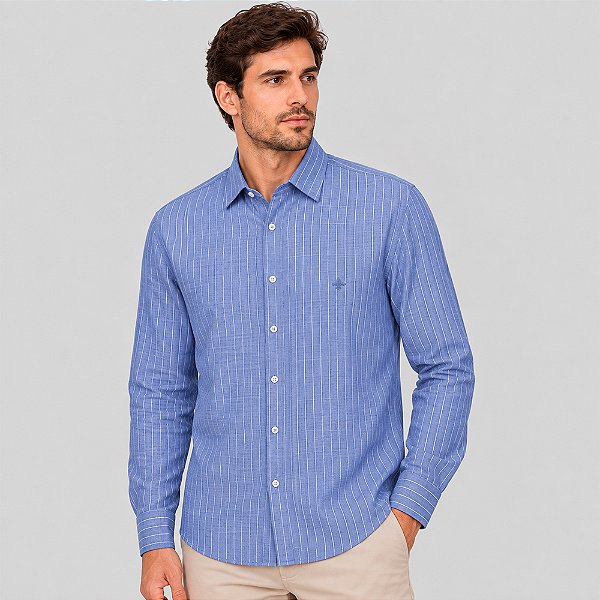 Camisa Dudalina Comfort Flame Listrado Ve27 Azul Masculino