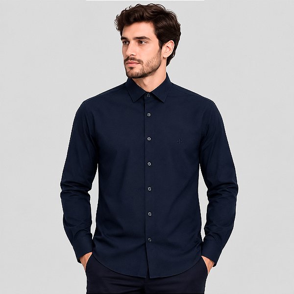 Camisa Dudalina Comfort Tricoline Ve27 Marinho Masculino
