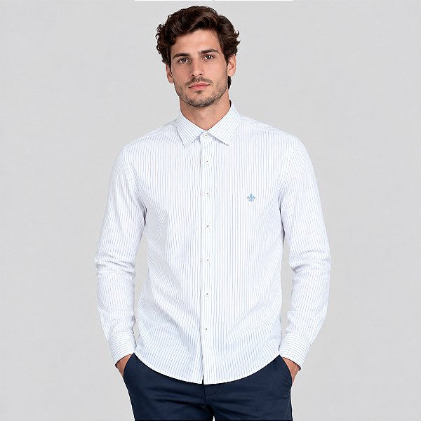 Camisa Dudalina Slim Tricoline Listras Ve27 Branco Masculino