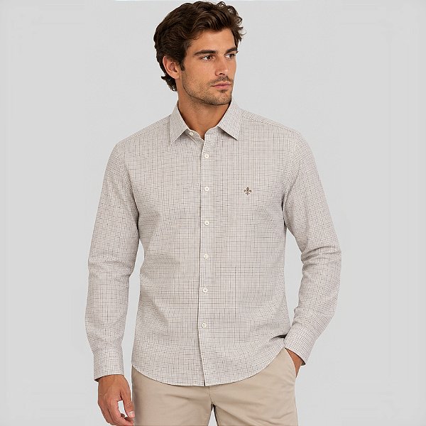 Camisa Xadrez Dudalina Slim Tricoline Ve27 Bege Masculino