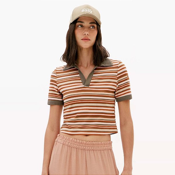 Blusa Easy Lança Perfume Gola Polo Crop Ve27 Marrom Feminino