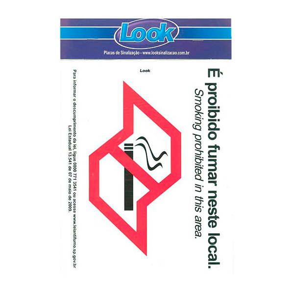 PLACA DE SINALIZAÇÃO PROIBIDO FUMAR C/ LEI