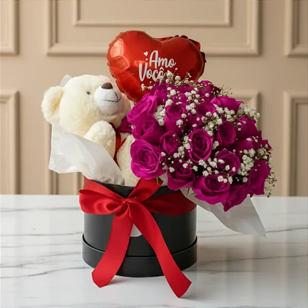 Box Luxuoso De Rosas Pink Com Ursinho E Balão