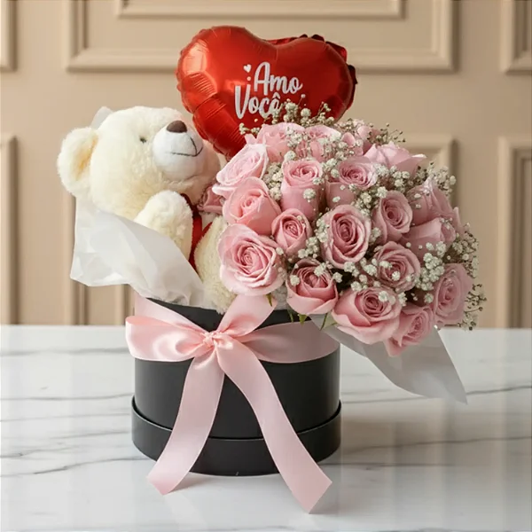 Box Luxuoso De Rosas Cor De Rosa Com Ursinho E Balão