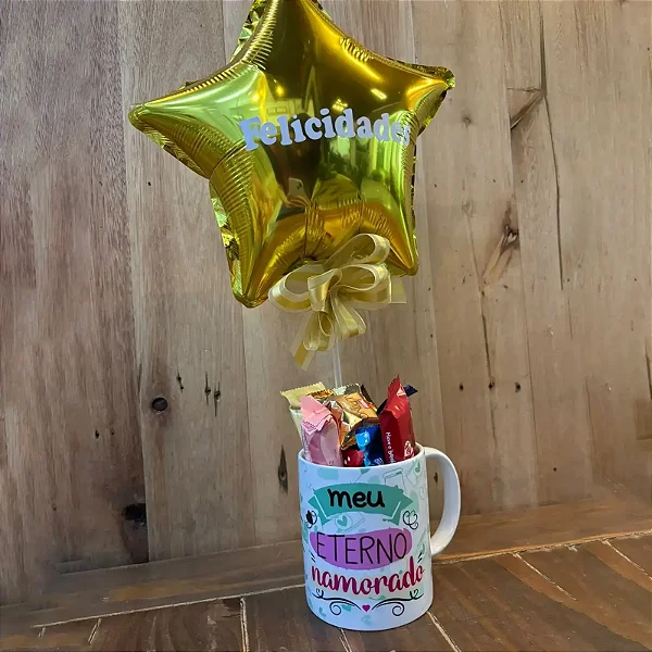 Caneca com balão e chocolates (escolha o modelo)
