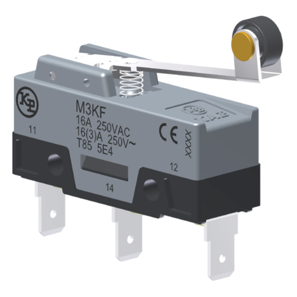 Microrutor Básico 16A, 1Na+1Nf, Alavanca Rígida Com Rolete, Terminal Faston 6,3X0,8Mm M3KF Kap