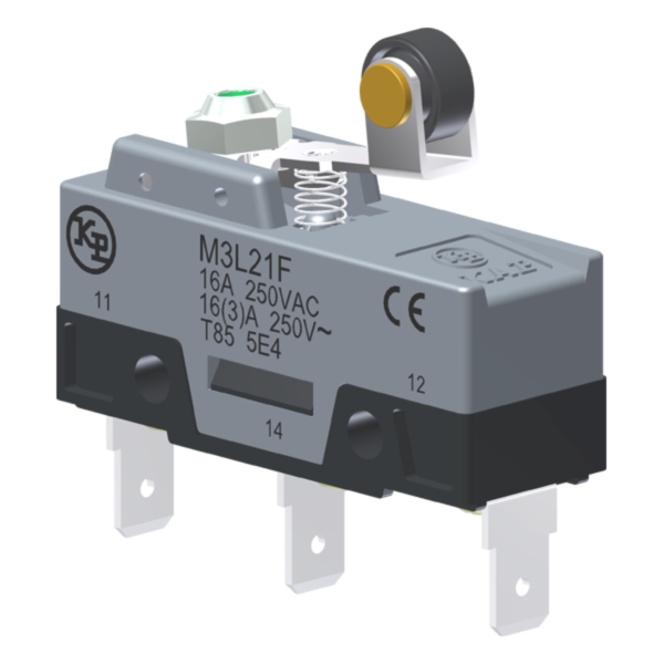 Microrutor Básico 16A, 1Na+1Nf, Alavanca Rígida Curta Com Rolete, Terminal Faston 6,3X0,8Mm M3L21F Kap