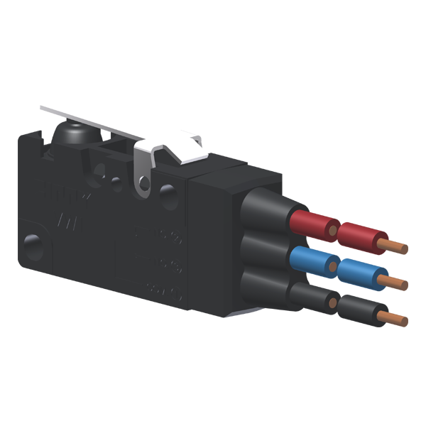 Microrutor Miniat.Protegido 6A Contato Na+Nf Alavanca Rígida Plana Curta Afastada Do Botão, 3 Cabos De Ligação 18 Awg, N MVP6G1W Kap