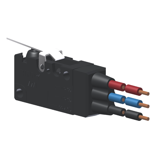 Microrutor Miniat.Protegido 6A Contato Na+Nf Alavanca Rígida Plana Curta Próxima Ao Botão, 3 Cabos De Ligação 18 Awg, Na MVP6G2W Kap