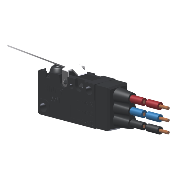 Microrutor Miniat.Protegido 6A Contato Na+Nf Alavanca Rígida Plana Próxima Ao Botão, 3 Cabos De Ligação 18 Awg, Na Azul, MVP6G4W Kap