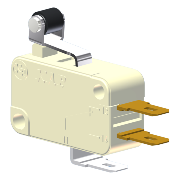 Microrutor Miniatura 15A, 1Na+1Nf, Alavanca Curta Com Rolete, Terminal Faston 4,8X0,5Mm MV71J1CA1 Kap