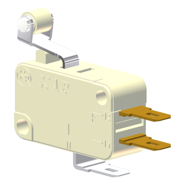 Microrutor Miniatura 15A, 1Na+1Nf, Alavanca Curta Com Rolete, Terminal Faston 4,8X0,5Mm MV71J2CA1 Kap
