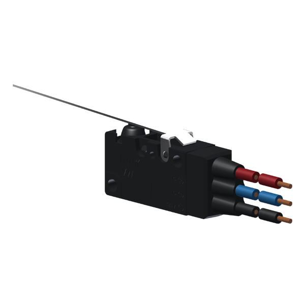 Microrutor Miniatura Protegido 6A Contato Na+Nf Alav. Rígida Plana Longa Afastada Do Botão, 3 Cabos De Ligação 18 Awg, N MVP6G5W Kap