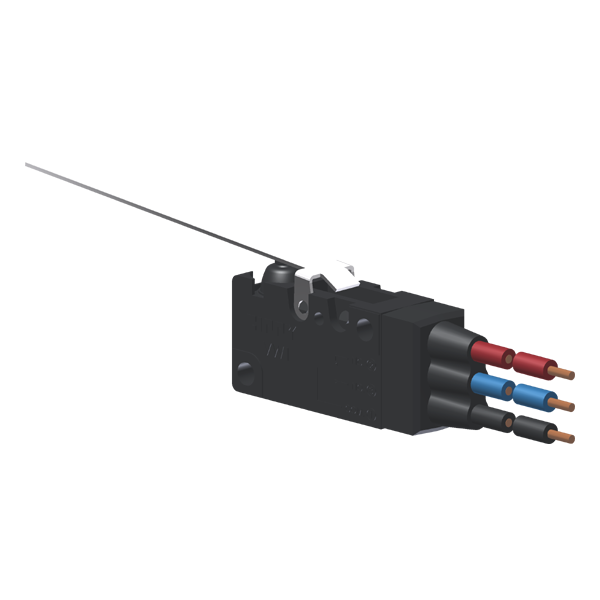 Microrutor Miniatura Protegido 6A Contato Na+Nf Alav. Rígida Plana Longa Próxima Ao Botão, 3 Cabos De Ligação 18 Awg, Na MVP6G6W Kap