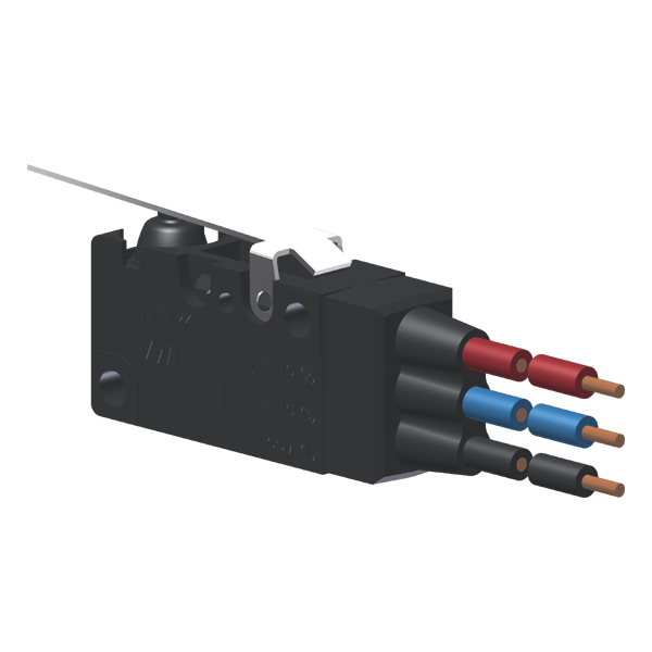 Microrutor Miniatura Protegido 6A Contato Na+Nf Alavanca Rígida Plana Afastada Do Botão, 3 Cabos De Ligação 18 Awg, Na A MVP6G3W Kap