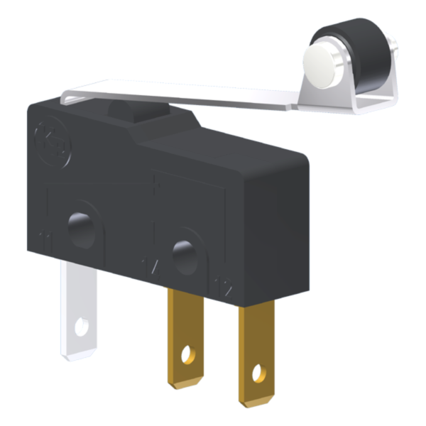 Microrutor Subminiatura 5A, 1Na+1Nf, Alavanca Flexível Com Rolete, Terminal Faston 2,8X0,5Mm MM1R3NF Kap