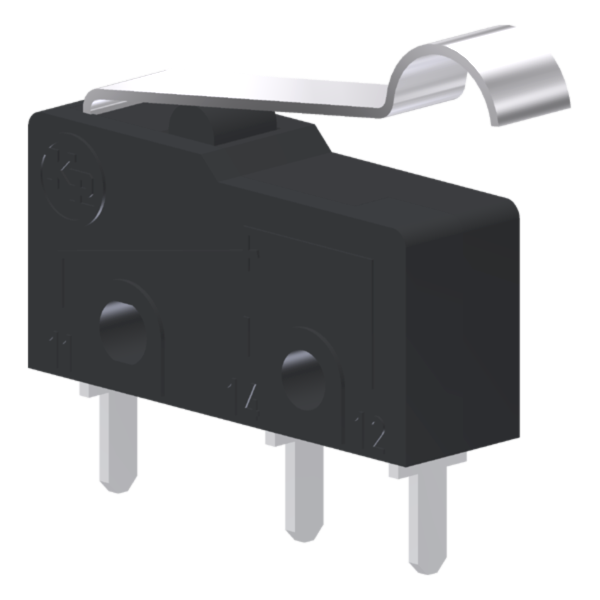Microrutor Subminiatura 5A, 1Na+1Nf, Alavanca Flexível Curta C/ Rolete Simulado, Terminal Circuito Impresso MM1U1NI Kap