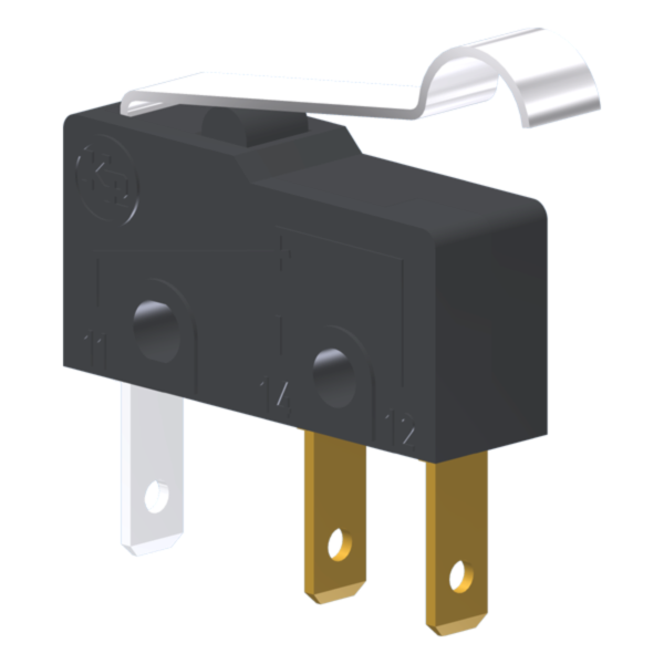 Microrutor Subminiatura 5A, 1Na+1Nf, Alavanca Flexível Curta C/ Rolete Simulado, Terminal Faston 2,8X0,5Mm MM1U1NF Kap