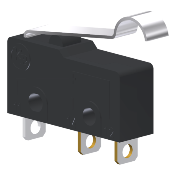 Microrutor Subminiatura 5A, 1Na+1Nf, Alavanca Flexível Curta C/ Rolete Simulado, Terminal Solda MM1U1NS Kap