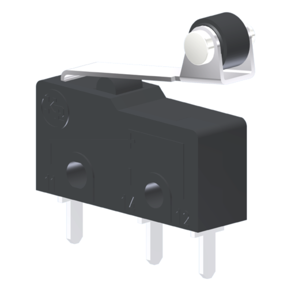 Microrutor Subminiatura 5A, 1Na+1Nf, Alavanca Flexível Curta Com Rolete, Terminal Circuito Impresso MM1R1NI Kap