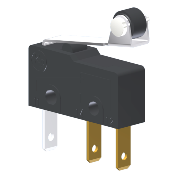 Microrutor Subminiatura 5A, 1Na+1Nf, Alavanca Flexível Curta Com Rolete, Terminal Faston 2,8X0,5Mm MM1R1NF Kap