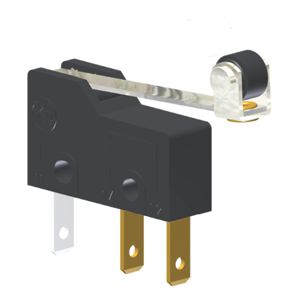 Microrutor Subminiatura 5A, 1Na+1Nf, Alavanca Rígida Com Rolete, Terminal Faston 2,8X0,5Mm MM2J3NF Kap