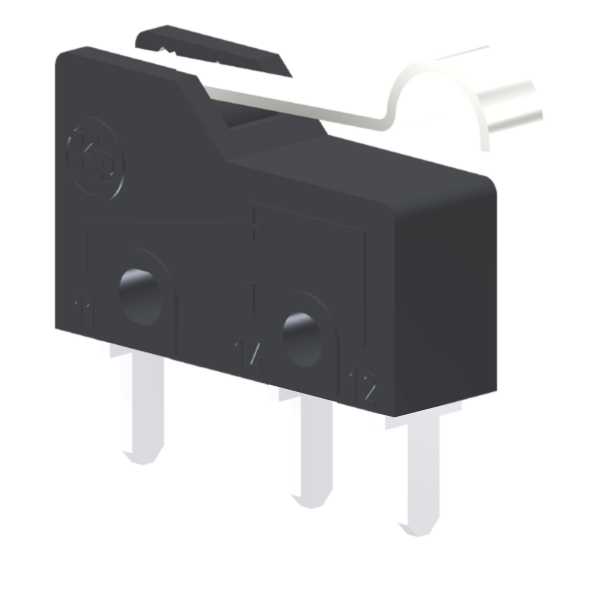 Microrutor Subminiatura 5A, 1Na+1Nf, Alavanca Rígida Curta Com Rolete Simulado, Terminal Circuito Impresso MM1D1EI Kap