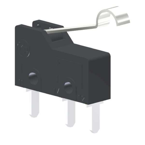 Microrutor Subminiatura 5A, 1Na+1Nf, Alavanca Rígida Curta Com Rolete Simulado, Terminal Circuito Impresso MM1D2NI Kap
