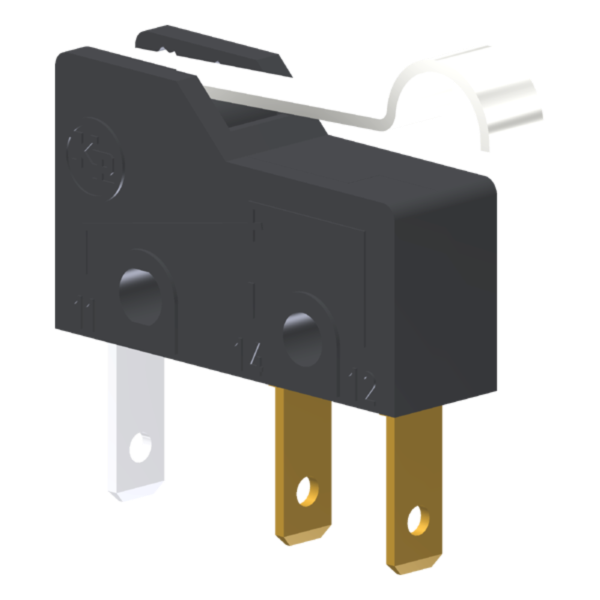 Microrutor Subminiatura 5A, 1Na+1Nf, Alavanca Rígida Curta Com Rolete Simulado, Terminal Faston 2,8X0,5Mm MM1D1EF Kap
