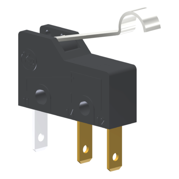 Microrutor Subminiatura 5A, 1Na+1Nf, Alavanca Rígida Curta Com Rolete Simulado, Terminal Faston 2,8X0,5Mm MM1D2EF Kap