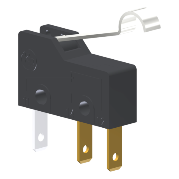 Microrutor Subminiatura 5A, 1Na+1Nf, Alavanca Rígida Curta Com Rolete Simulado, Terminal Faston 2,8X0,5Mm MM1D2NF Kap