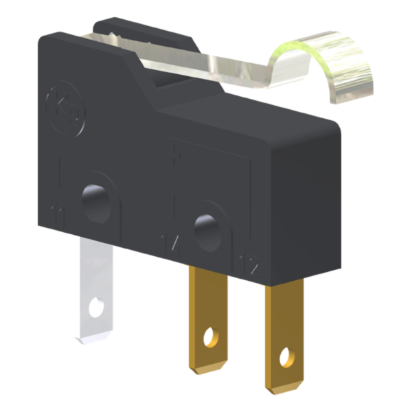 Microrutor Subminiatura 5A, 1Na+1Nf, Alavanca Rígida Curta Com Rolete Simulado, Terminal Faston 2,8X0,5Mm MM2D1NF Kap