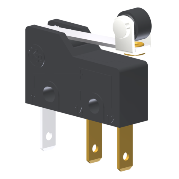 Microrutor Subminiatura 5A, 1Na+1Nf, Alavanca Rígida Curta Com Rolete, Terminal Faston 2,8X0,5Mm MM2J1NF Kap