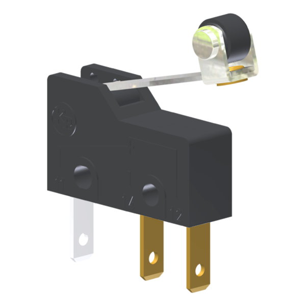 Microrutor Subminiatura 5A, 1Na+1Nf, Alavanca Rígida Curta Com Rolete, Terminal Faston 2,8X0,5Mm MM2J2NF Kap