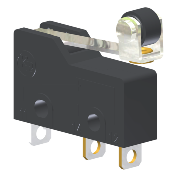 Microrutor Subminiatura 5A, 1Na+1Nf, Alavanca Rígida Curta Com Rolete, Terminal Solda MM2J1NS Kap