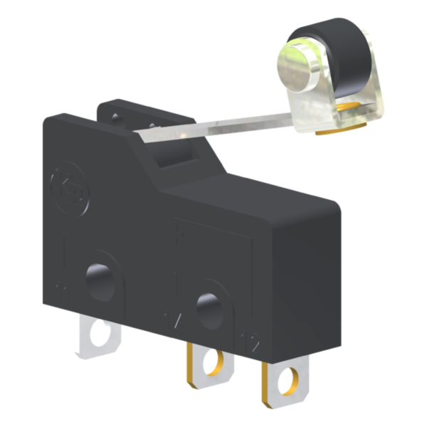 Microrutor Subminiatura 5A, 1Na+1Nf, Alavanca Rígida Curta Com Rolete, Terminal Solda MM2J2NS Kap