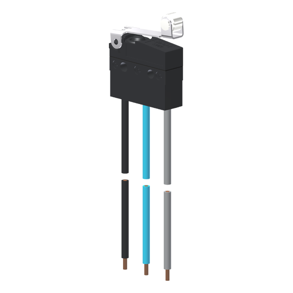 Microrutor Subminiatura Protegido 10A Contato Na+Nf Alavanca Flexível Curta C/ Roldana, 3 Cabos De Ligação, 20 Awg, Na A MMP1R1NW Kap