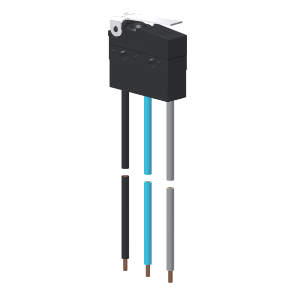 Microrutor Subminiatura Protegido 10A Contato Na+Nf Alavanca Flexível Curta, 3 Cabos De Ligação, 20 Awg, Na Azul, Nf Cin MMP1E1NW Kap