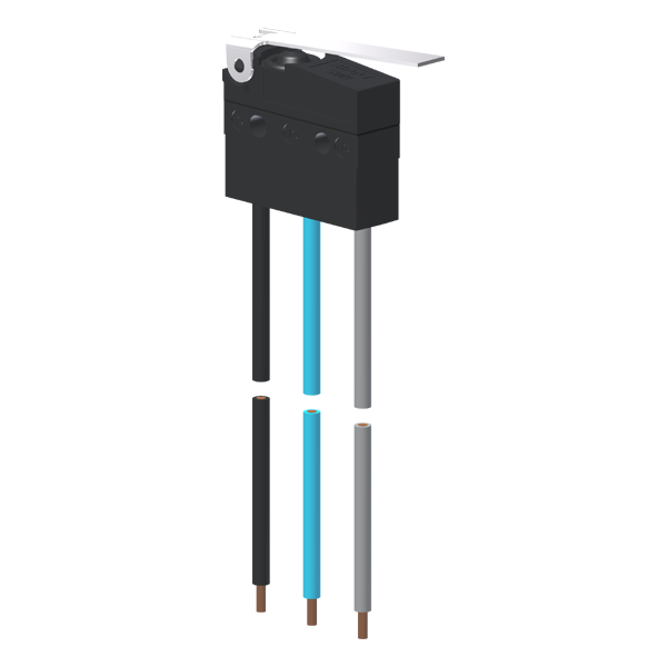 Microrutor Subminiatura Protegido 10A Contato Na+Nf Alavanca Flexível, 3 Cabos De Ligação, 20 Awg, Na Azul, Nf Cinza, Pc MMP1E3NW Kap