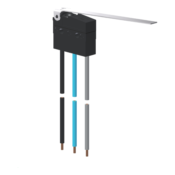 Microrutor Subminiatura Protegido 10A Contato Na+Nf Alavanca Longa Flexível, 3 Cabos De Ligação, 20 Awg, Na Azul, Nf Cin MMP1E5NW Kap