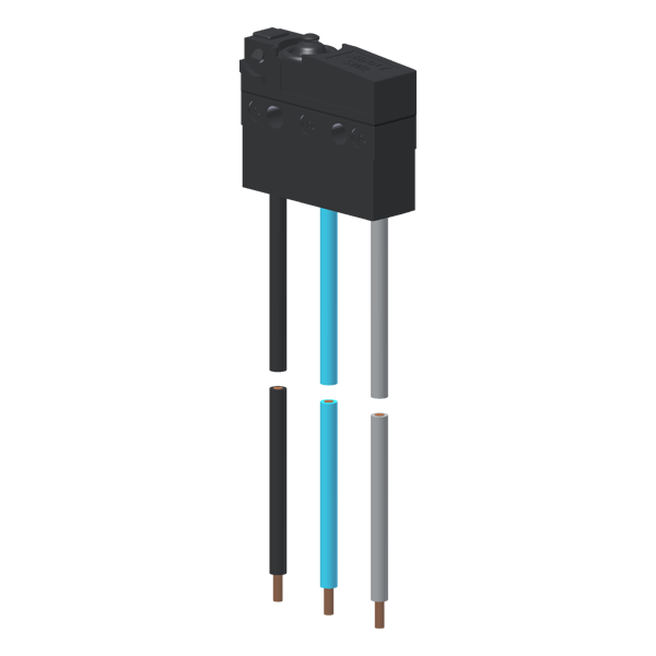 Microrutor Subminiatura Protegido 10A Contato Na+Nf Atuador Pino, 3 Cabos De Ligação, 20 Awg, Na Azul, Nf Cinza, Pc Pret MMP1ANW Kap