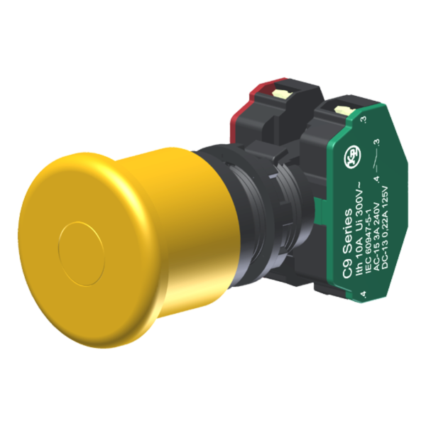 Botão Cogumelo Compacto Diâmetro 40Mm Amarelo Moldura Redonda 1Na+1Nf P/ Furo 22Mm C9E4A11 Kap