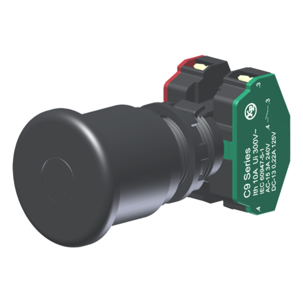 Botão Cogumelo Compacto Diâmetro 40Mm Preto Moldura Redonda 1Na+1Nf P/ Furo 22Mm C9E4P11 Kap