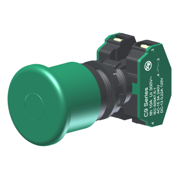 Botão Cogumelo Compacto Diâmetro 40Mm Verde Moldura Redonda 2Na P/ Furo 22Mm C9E4V20 Kap