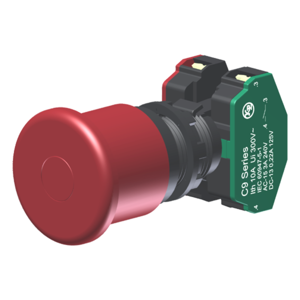 Botão Cogumelo Compacto Diâmetro 40Mm Vermelho Moldura Redonda 1Na+1Nf P/ Furo 22Mm C9E4R11 Kap